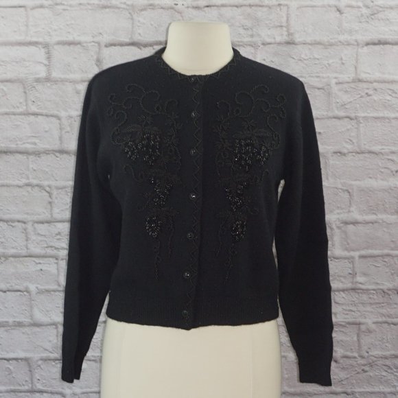 Vintage 90s Lambswool Angora Beaded Cardigan Sweater - Picture 1 of 8